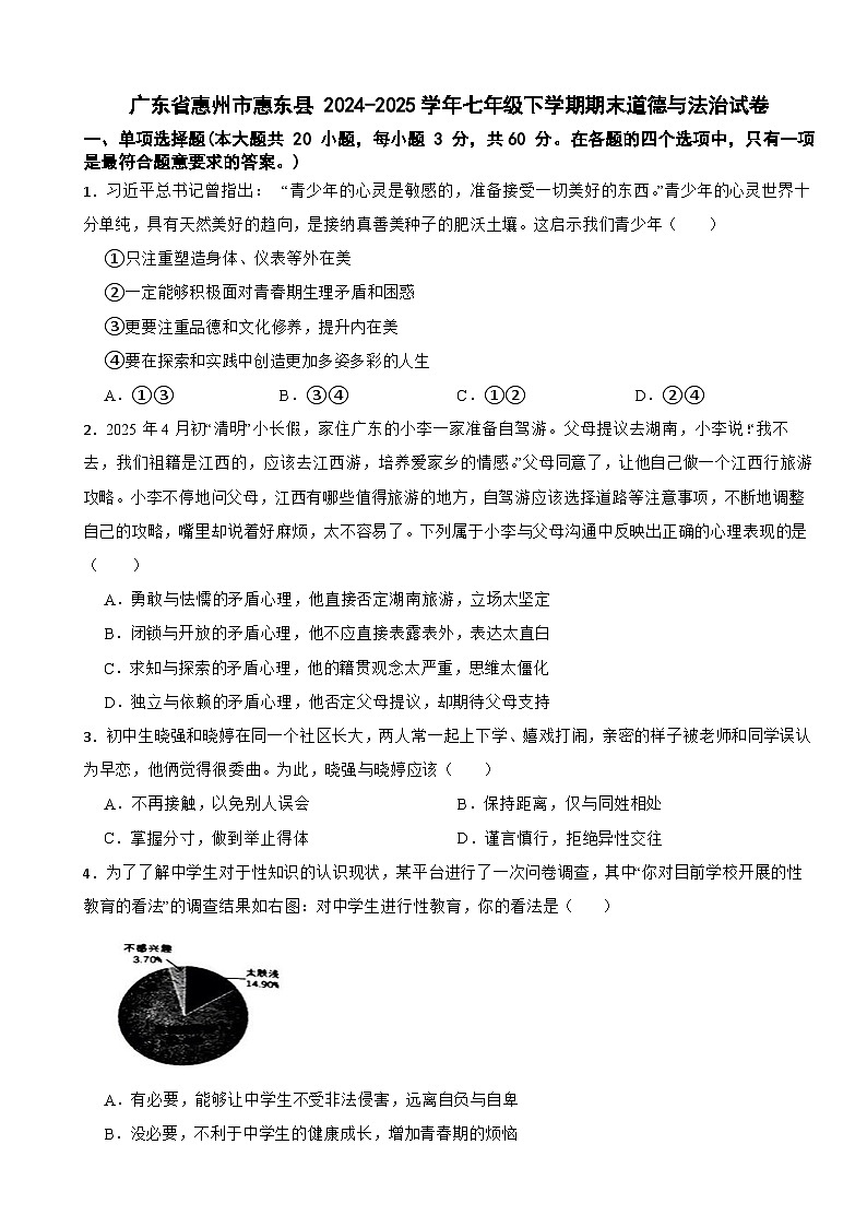 广东省惠州市惠东县 2024-2025学年七年级下学期期末道德与法治试卷第1页