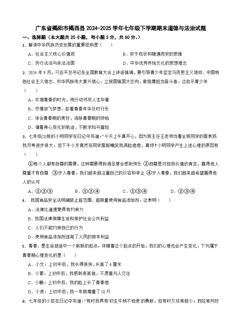 广东省揭阳市揭西县2024-2025学年七年级下学期期末道德与法治试题第1页