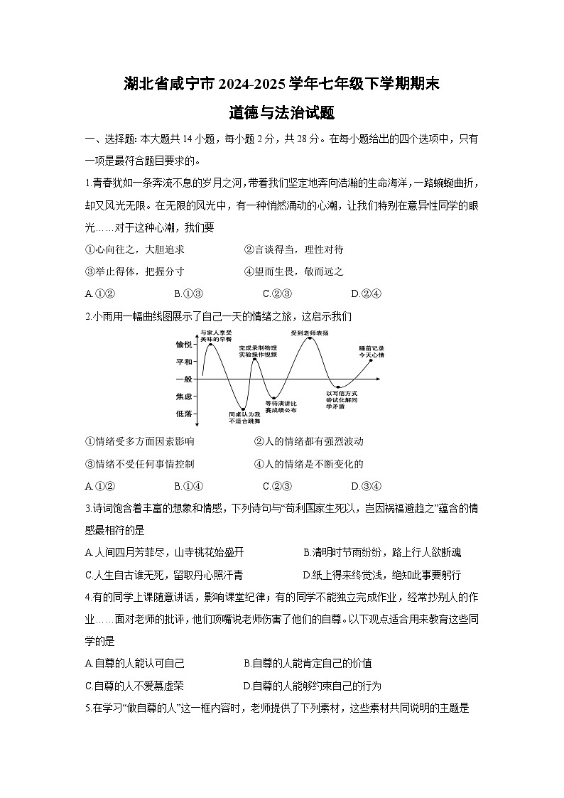 湖北省咸宁市2024-2025学年七年级下学期期末道德与法治试卷第1页