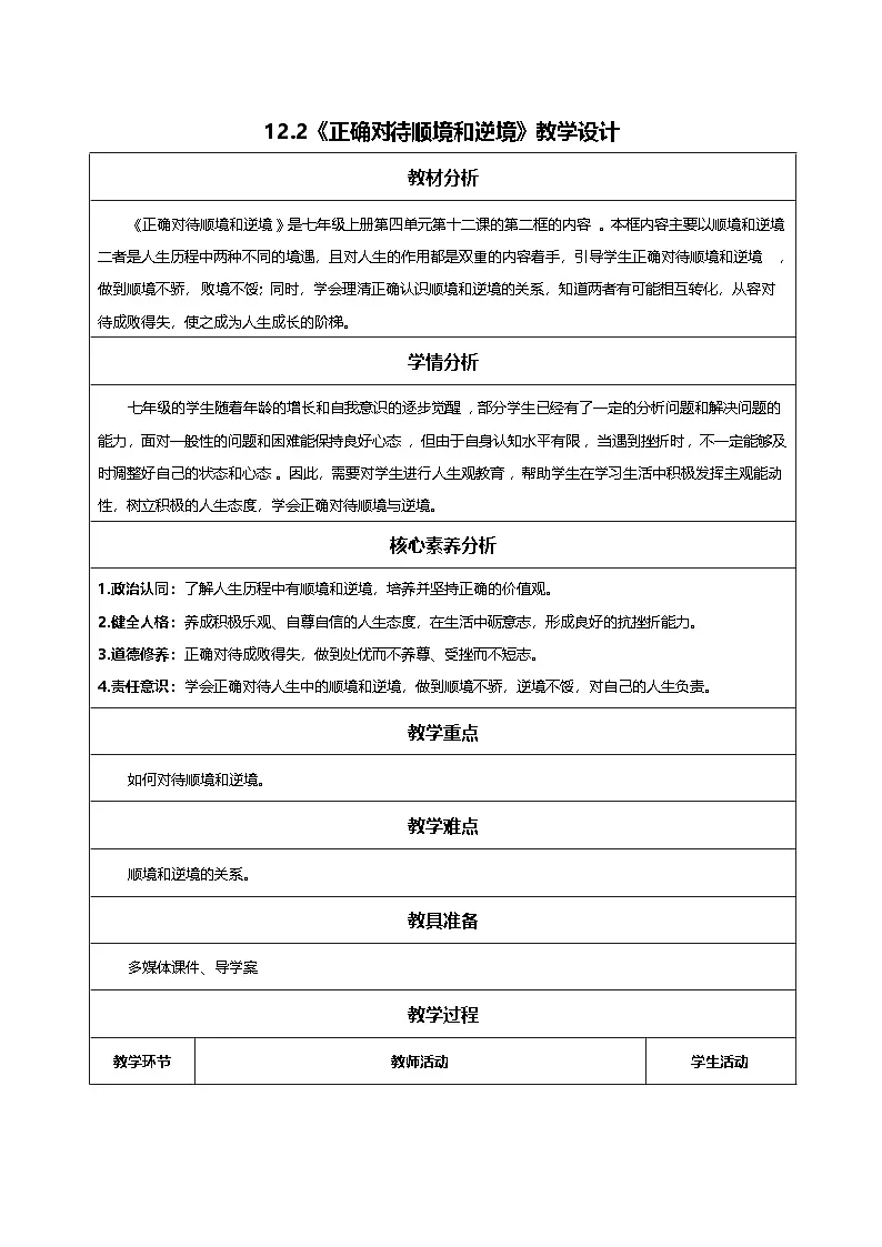 12.2正确对待顺境和逆境-教学设计第1页