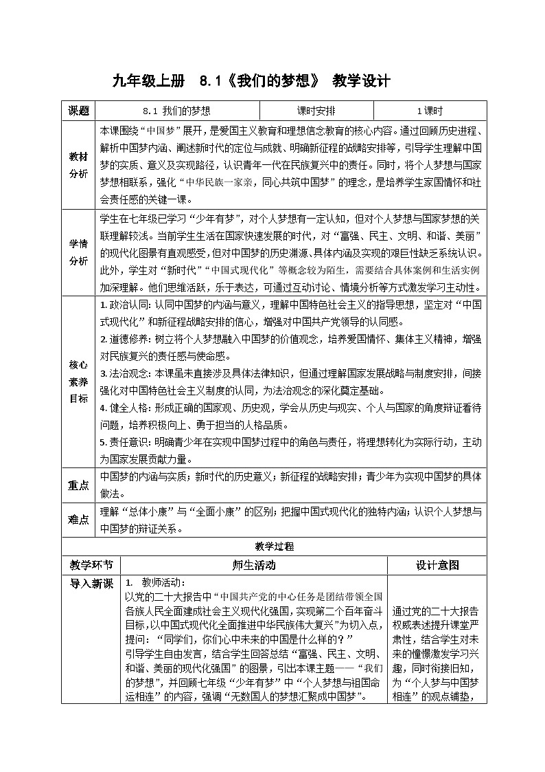 8.1我们的梦想 教案  -2025-2026学年统编版道德与法治九年级上册第1页