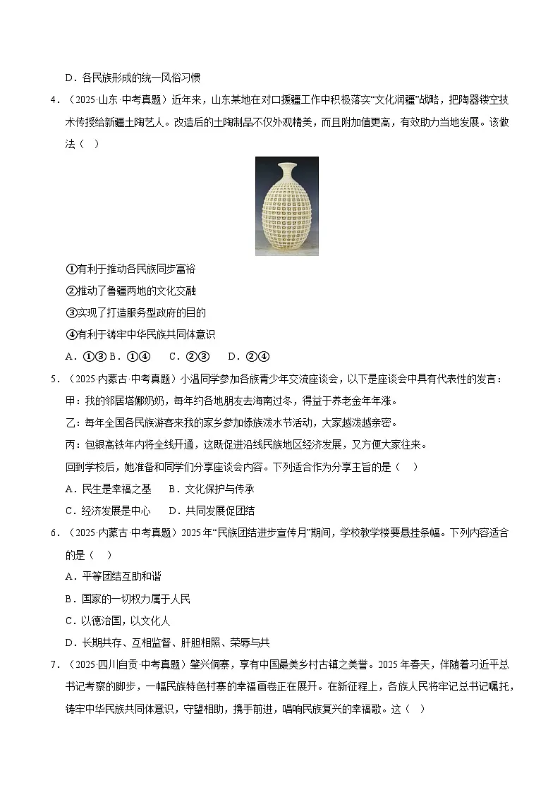 三年（2023-2025）中考道德与法治真题分类汇编：专题20 和谐与梦想（原卷版）第2页