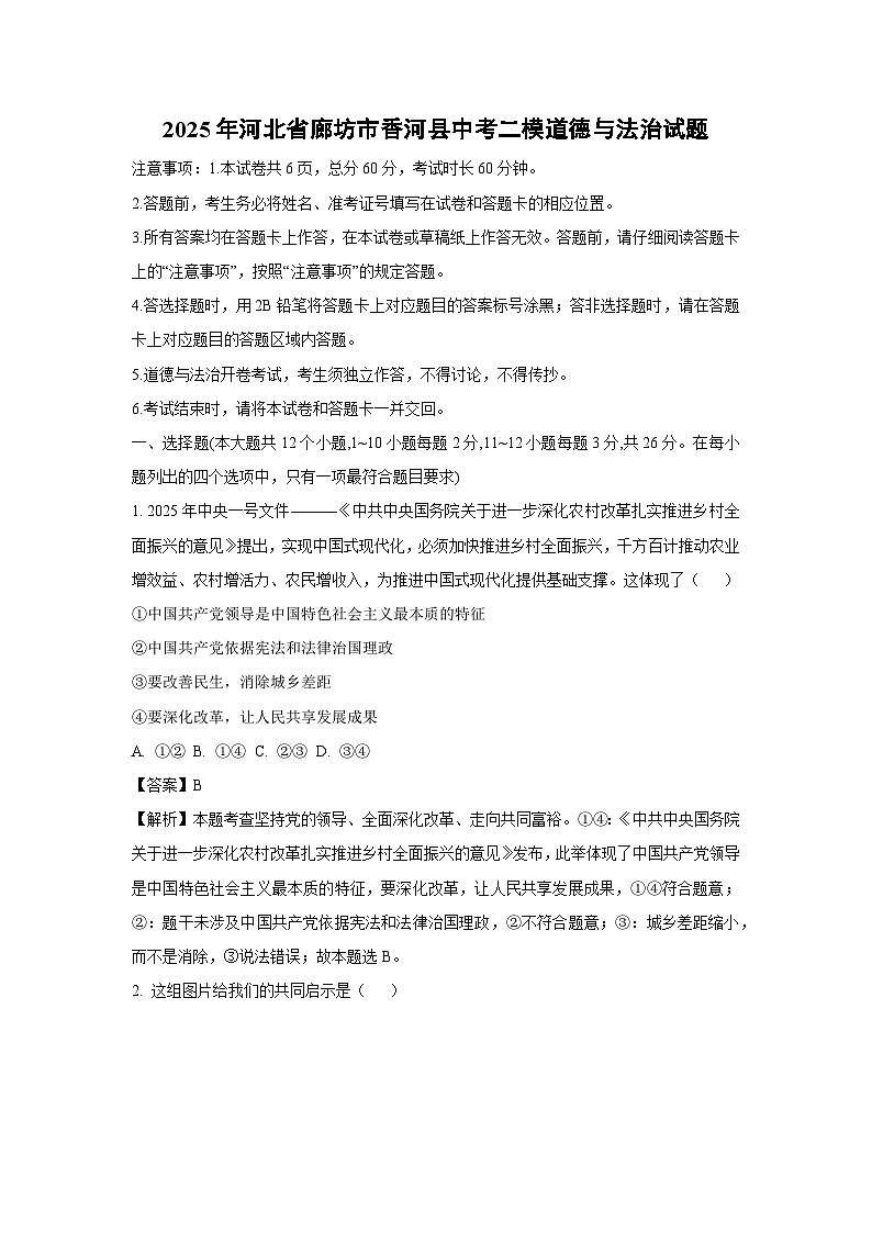 2025年河北省廊坊市香河县中考二模道德与法治试卷（解析版）第1页