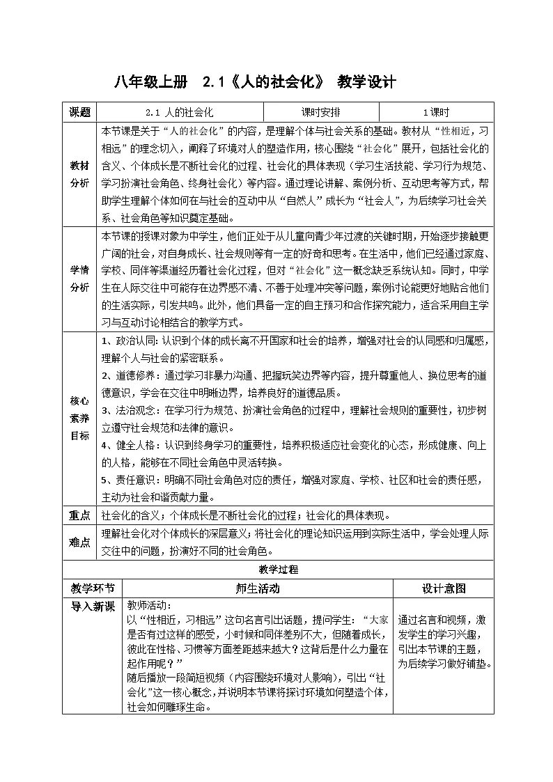 2.1人的社会化 教案 2025-2026学年统编版道德与法治八年级上册第1页
