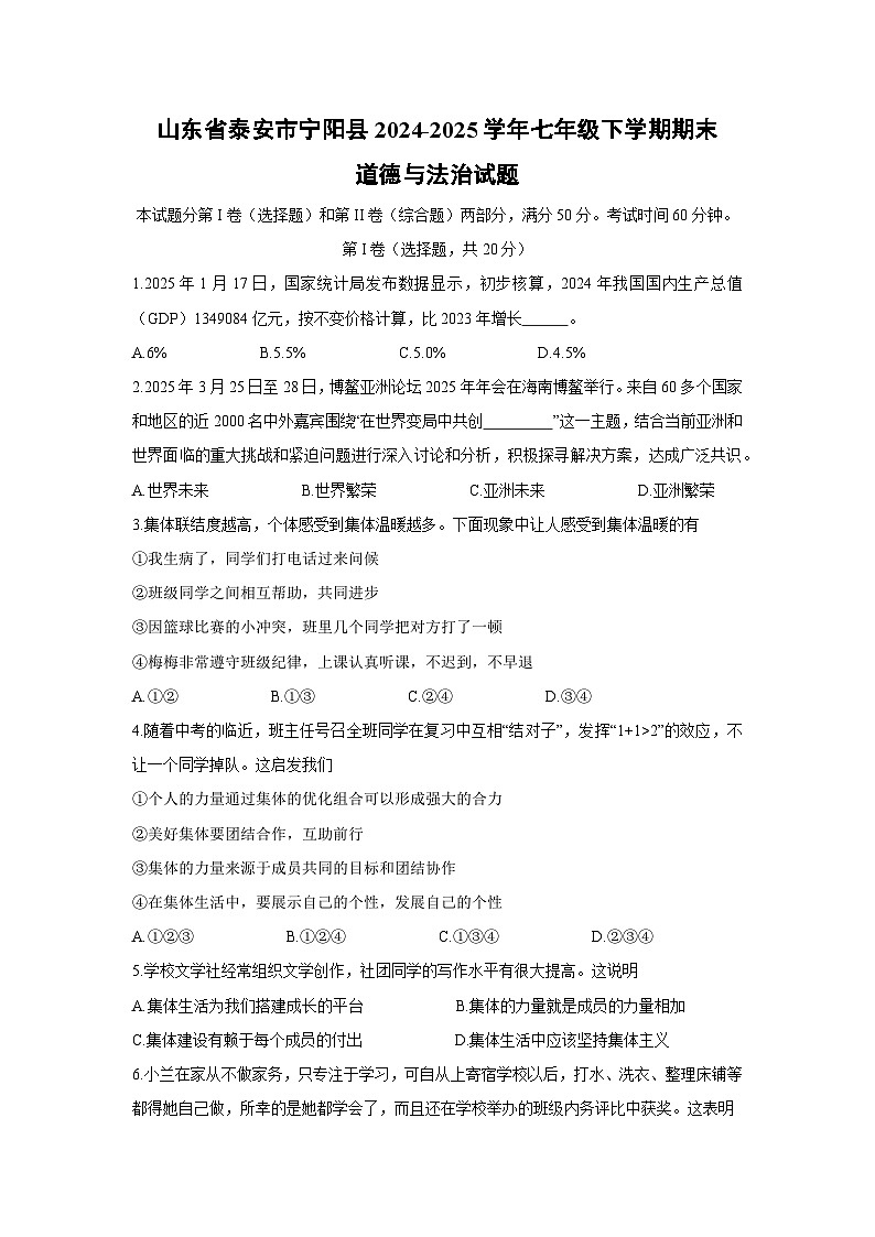 山东省泰安市宁阳县2024-2025学年七年级下学期期末道德与法治试卷第1页