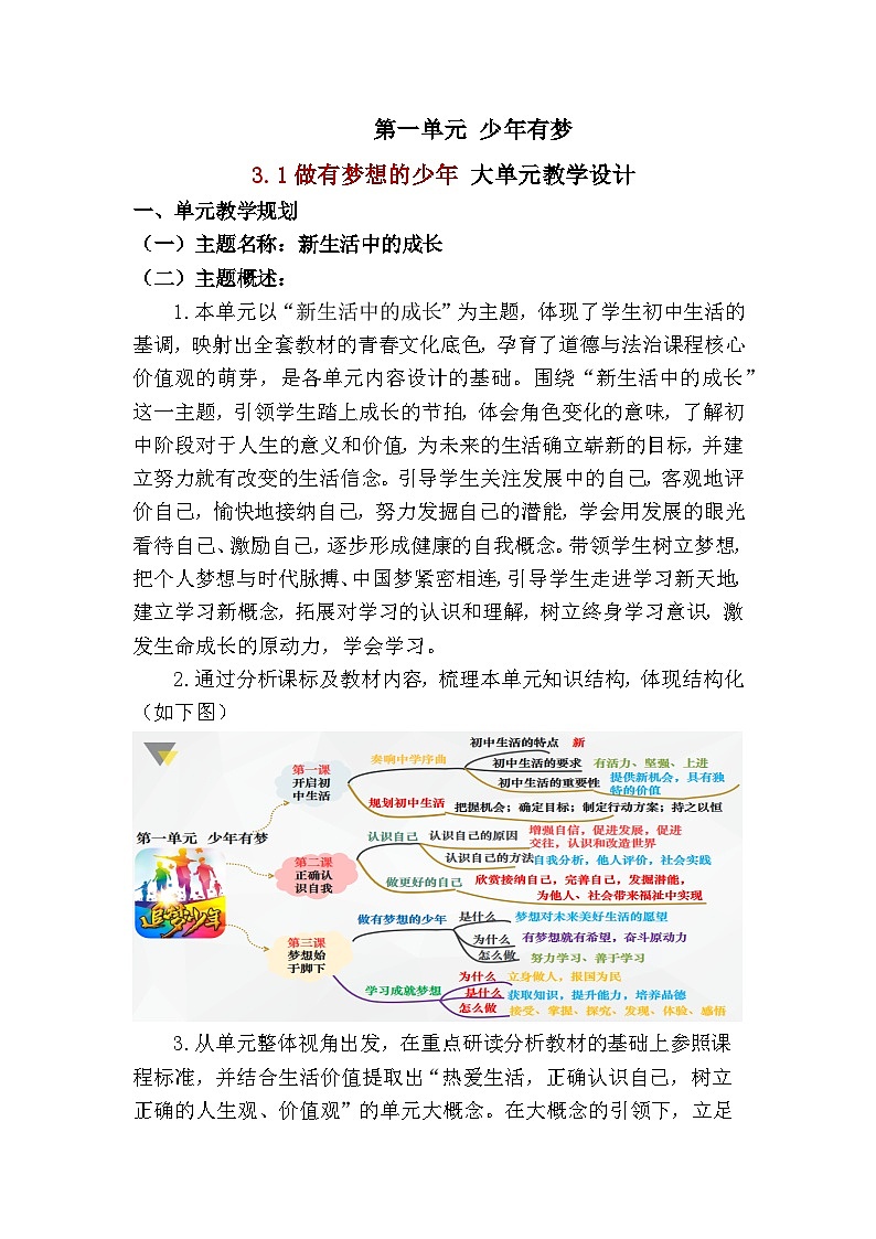 3.1 做有梦想的少年（ 教学设计） 2025-2026学年统编版道德与法治七年级上册第1页