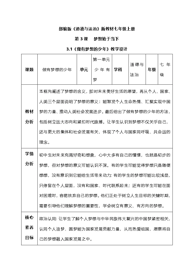 3.1《做有梦想的少年》教学设计-2025-2026学年统编版道德与法治七年级上册 (2)第1页