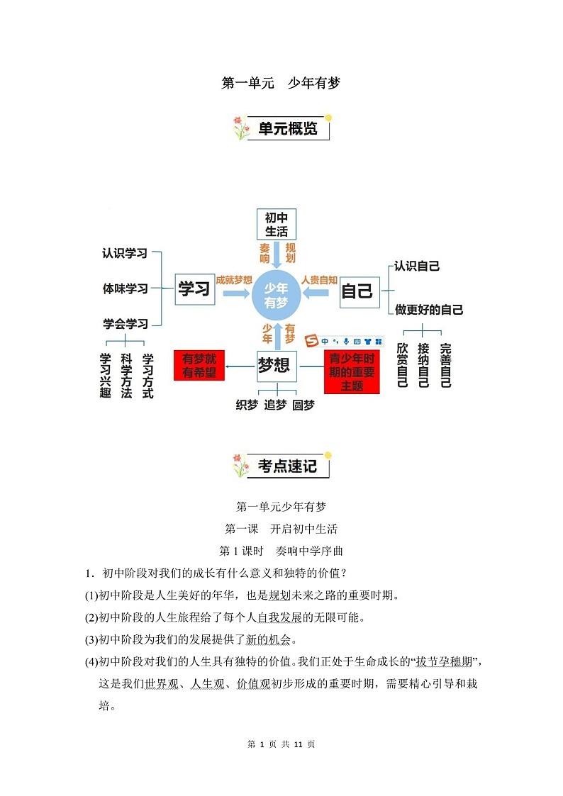 2024-2025学年七年级道德与法治上册第一单元《少年有梦》速记巧练（含答案）第1页