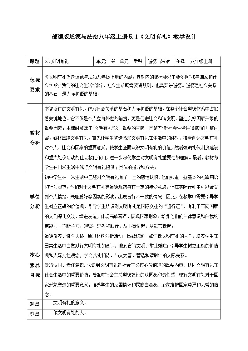 5.1 文明有礼（ 教学设计）  统编版道德与法治 八年级上册第1页