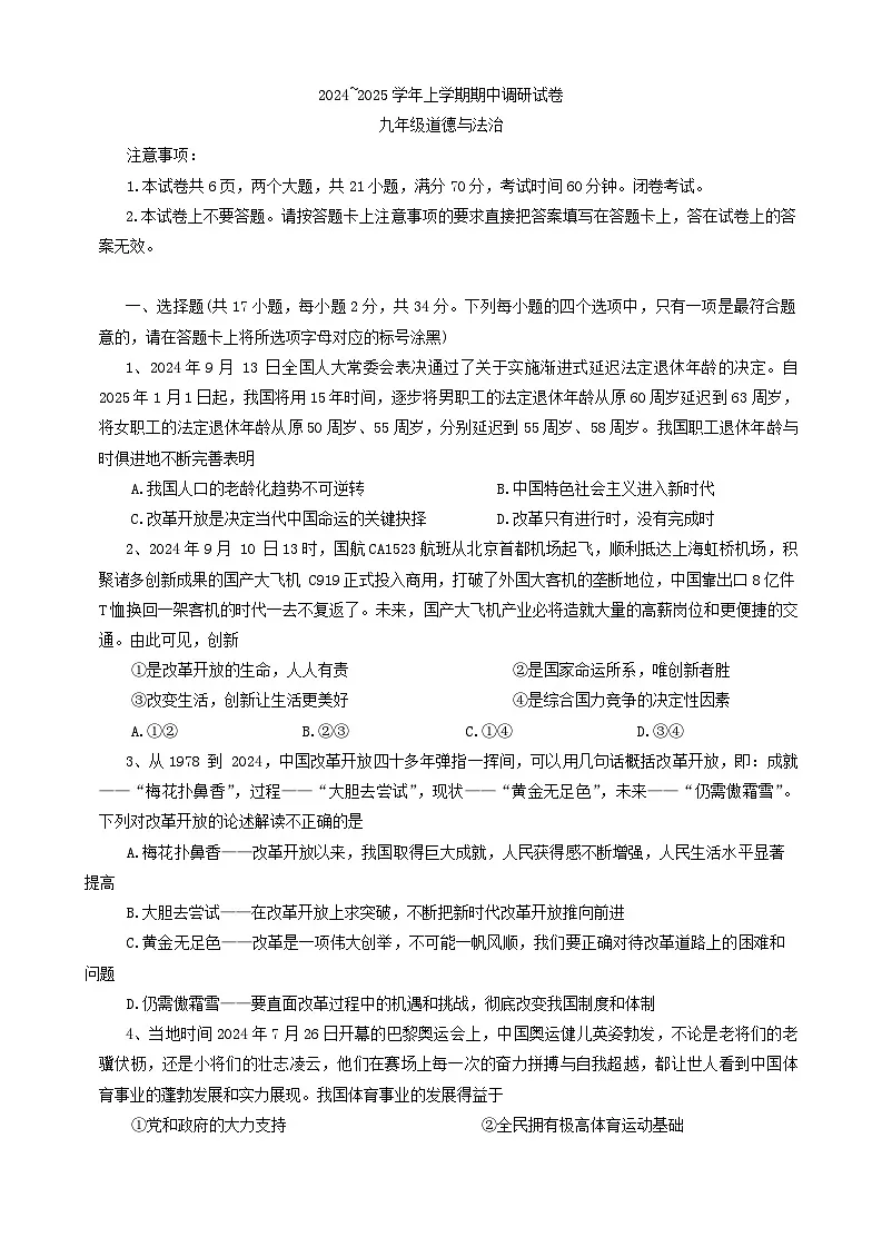 河南省平顶山市鲁山县2024-2025学年九年级上学期期中道德与法治试卷第1页