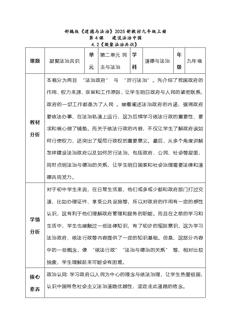 4.2《凝聚法治共识》教学设计 2025-2026学年度道德与法治九年级上册 统编版第1页