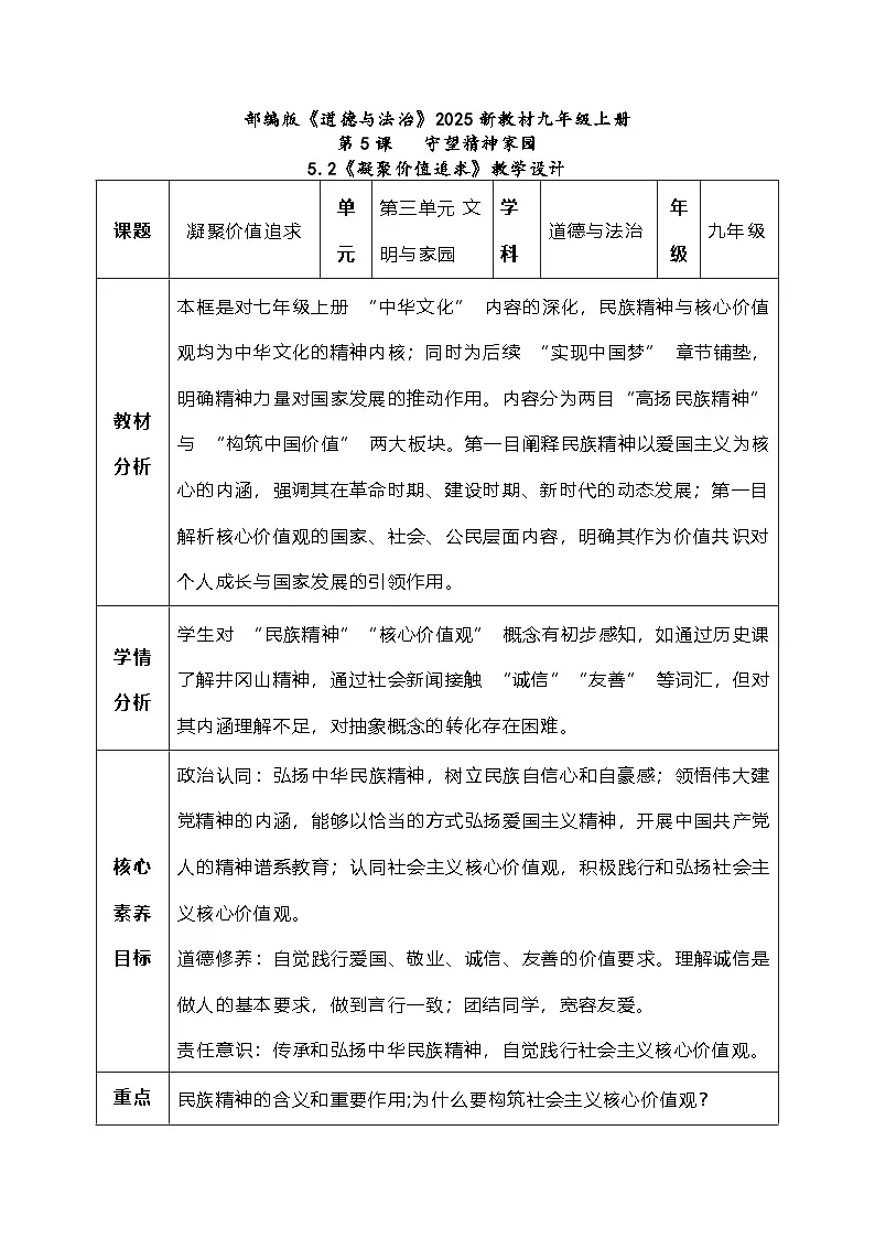 5.2《凝聚价值追求》教学设计 2025-2026学年度道德与法治九年级上册 统编版第1页