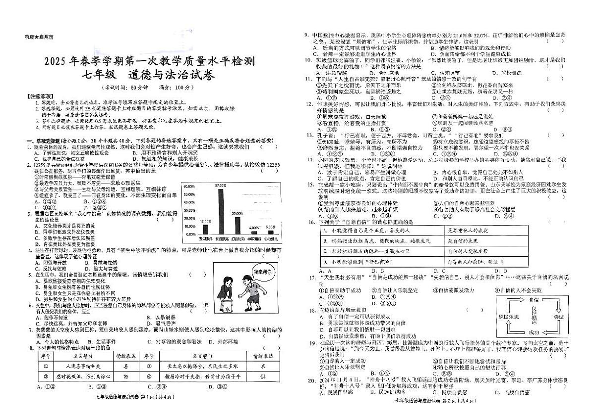 贵州省黔东南州剑河县第四中学2025年春季学期第一次教学质量水平检测七年级道德与法治试卷无答案第1页
