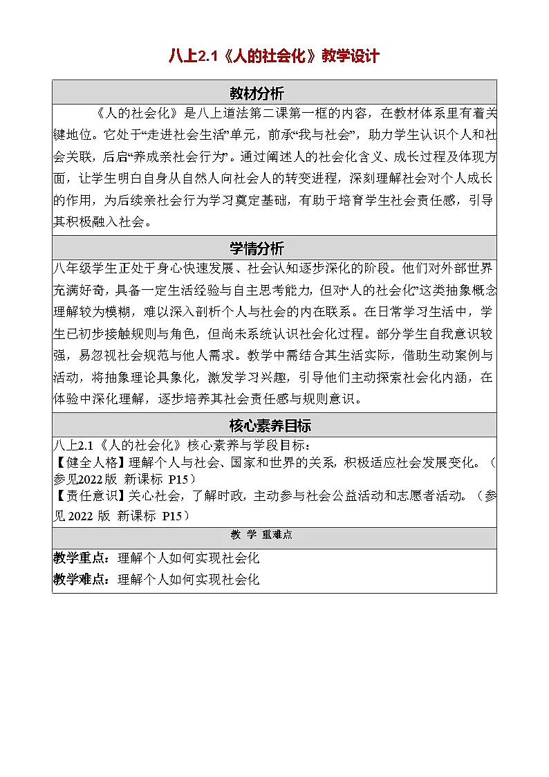 2.1《人的社会化》教学设计 2025-2026 道德与法治八年级上册 统编版第1页