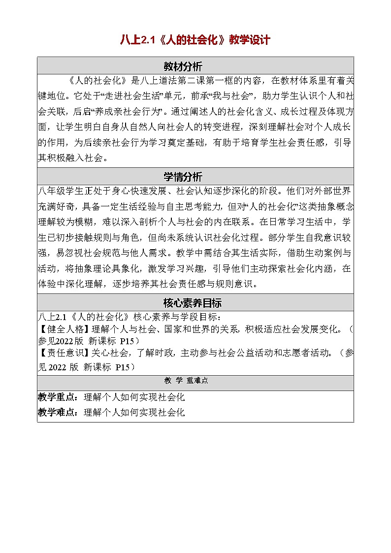 2.1《人的社会化》教学设计 2025-2026 道德与法治八年级上册 统编版第1页