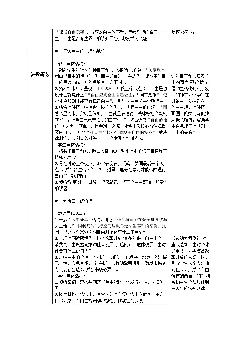 7.1珍视自由 教案 2025-2026 道德与法治八年级上册 统编版第2页