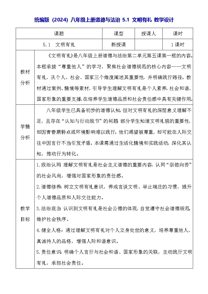 统编版（2024）八年级上册道德与法治 5.1 文明有礼 教学设计（表格式）第1页