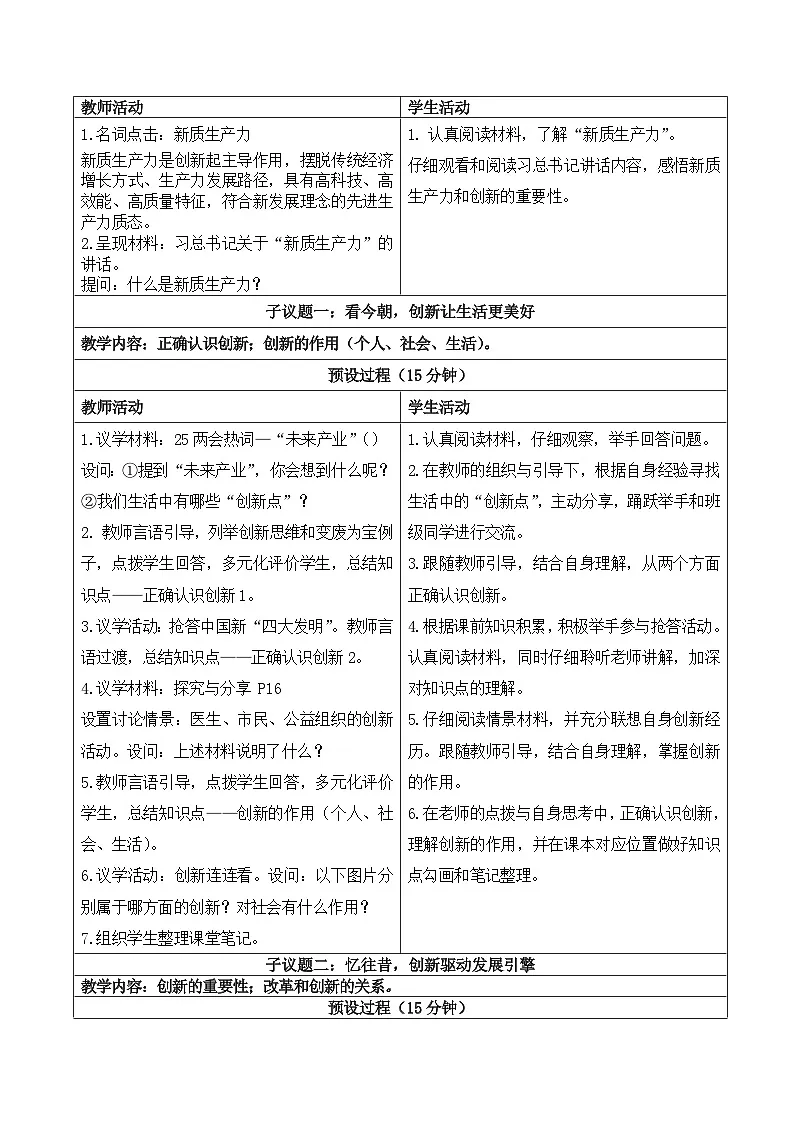 2.1 创新改变生活 教学设计 2025-2026学年度九年级上册 道德与法治 统编版第2页
