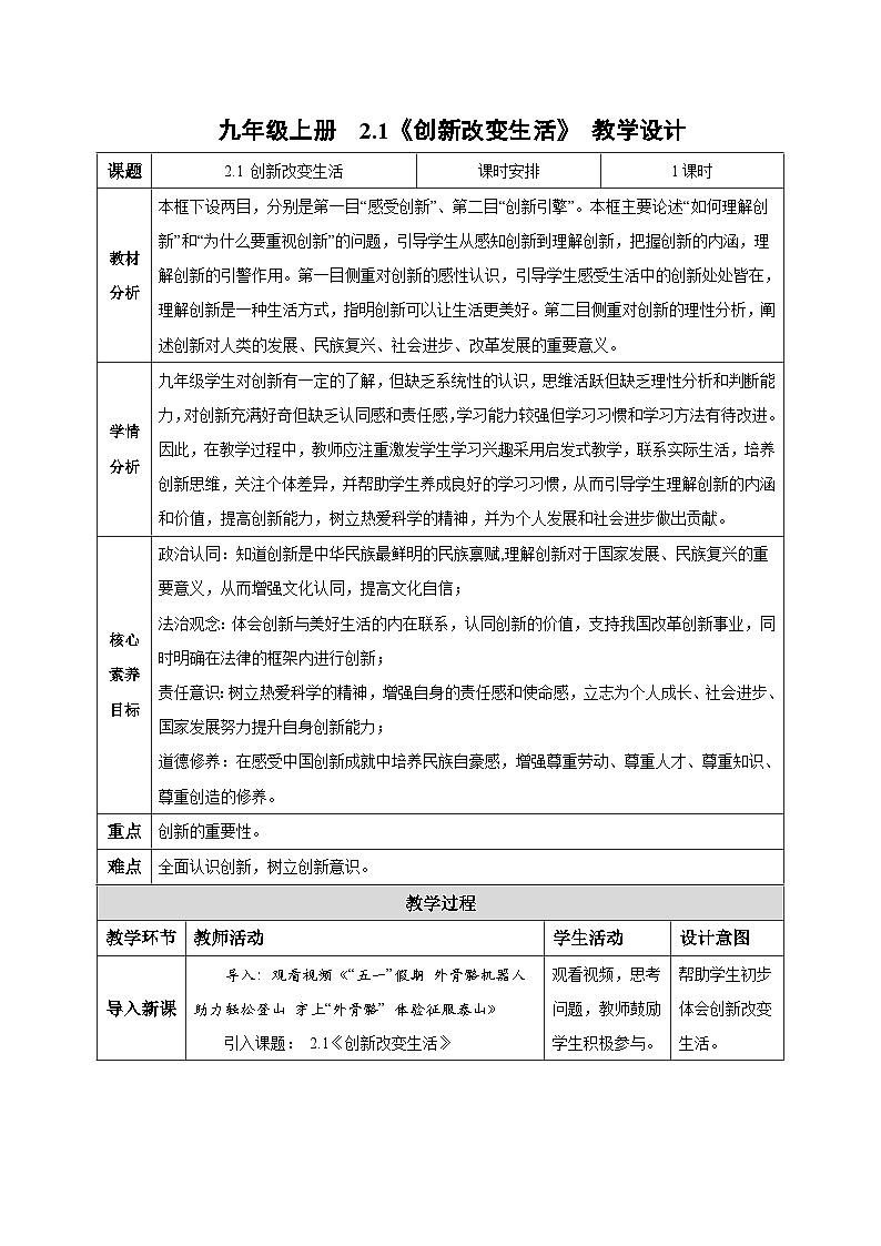 2.1 创新改变生活（教学设计 2025-2026学年度道德与法治 九年级上册第1页
