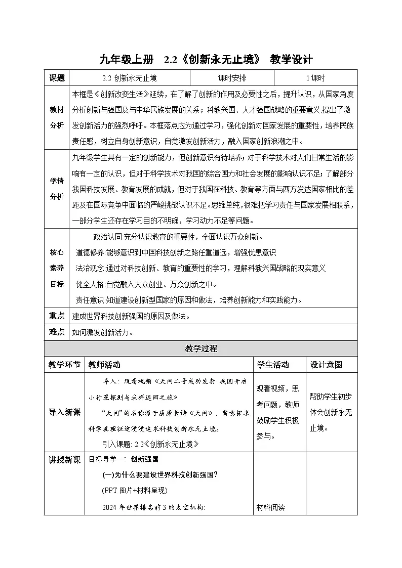 2.2 创新永无止境（教学设计） 2025-2026学年度道德与法治 九年级上册第1页