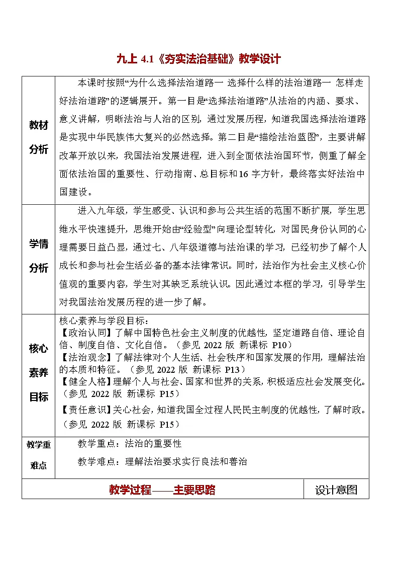 4.1夯实法治基础教学设计 2025-2026学年度九年级上册 道德与法治 统编版第1页