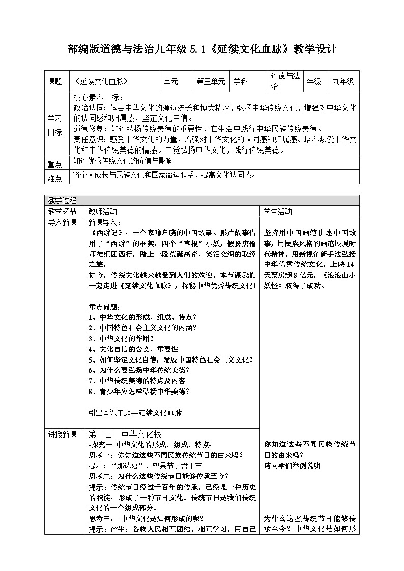 5.1《延续文化血脉》 教学设计  2025-2026学年度九年级上册 道德与法治 统编版第1页
