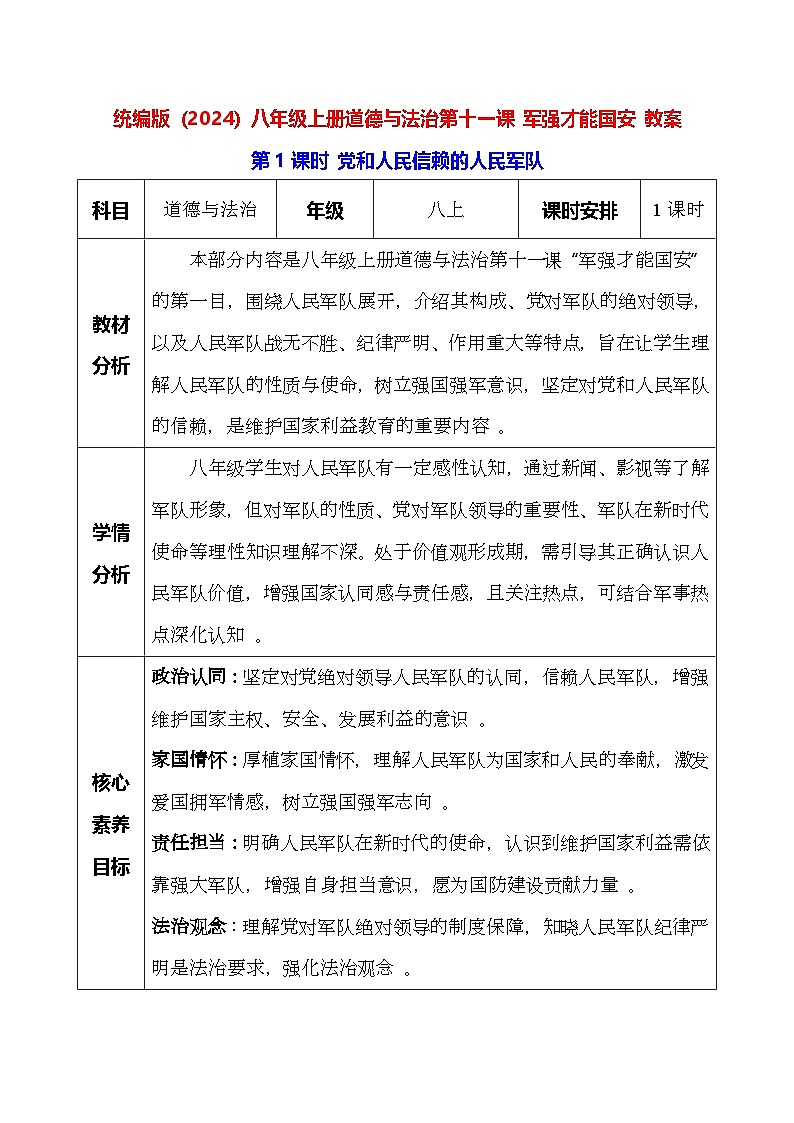 统编版（2024）八年级上册道德与法治-第一十一课 军强才能国安 教案（2课时）第1页