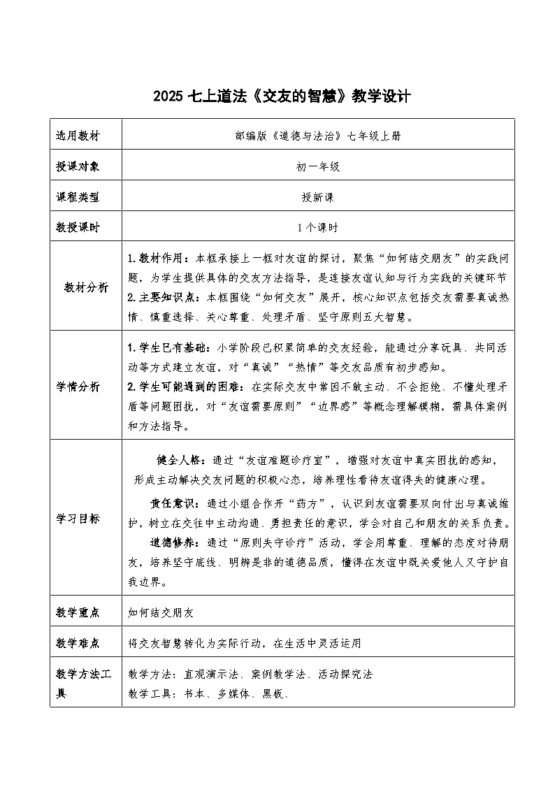 6.2《交友的智慧》教学设计  2025-2026道德与法治七年级上册 统编版第1页