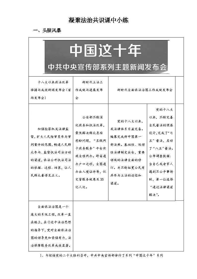 新人教部编版初中道法九上2-4-2凝聚法治共识（课中练习）有答案第1页