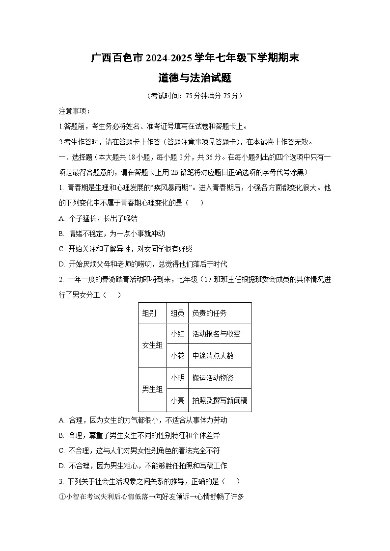 广西百色市2024-2025学年七年级下学期期末道德与法治试卷（学生版）第1页