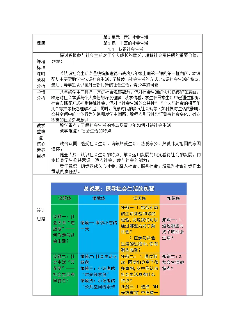 部编人教版初中道德与法治八年级上册 1.1认识社会生活 教学设计第1页