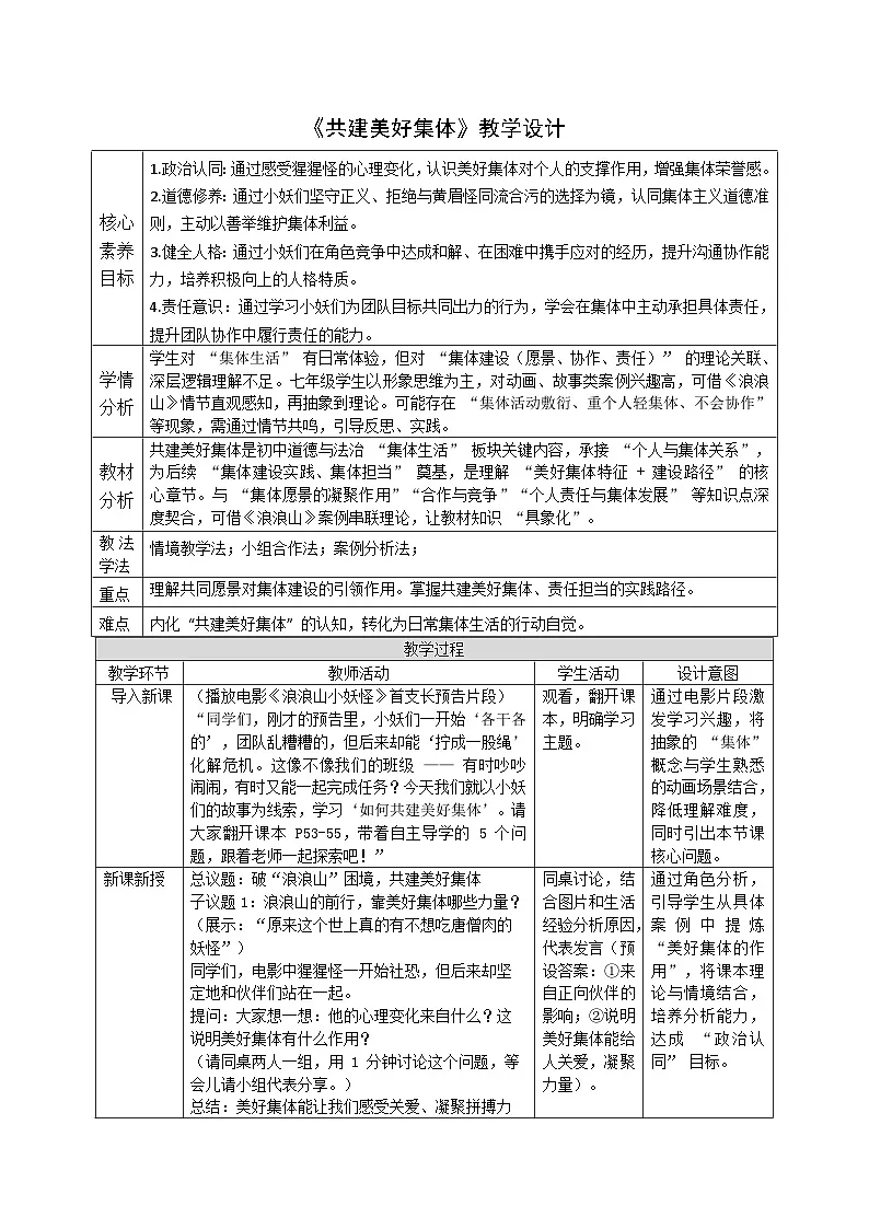 7.2《共建美好集体》教案 2025-2026学年统编版道德与法治 七年级上册第1页