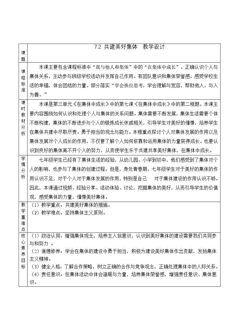 部编人教版初中道德与法治七年级上册7.2共建美好集体  教学设计第1页