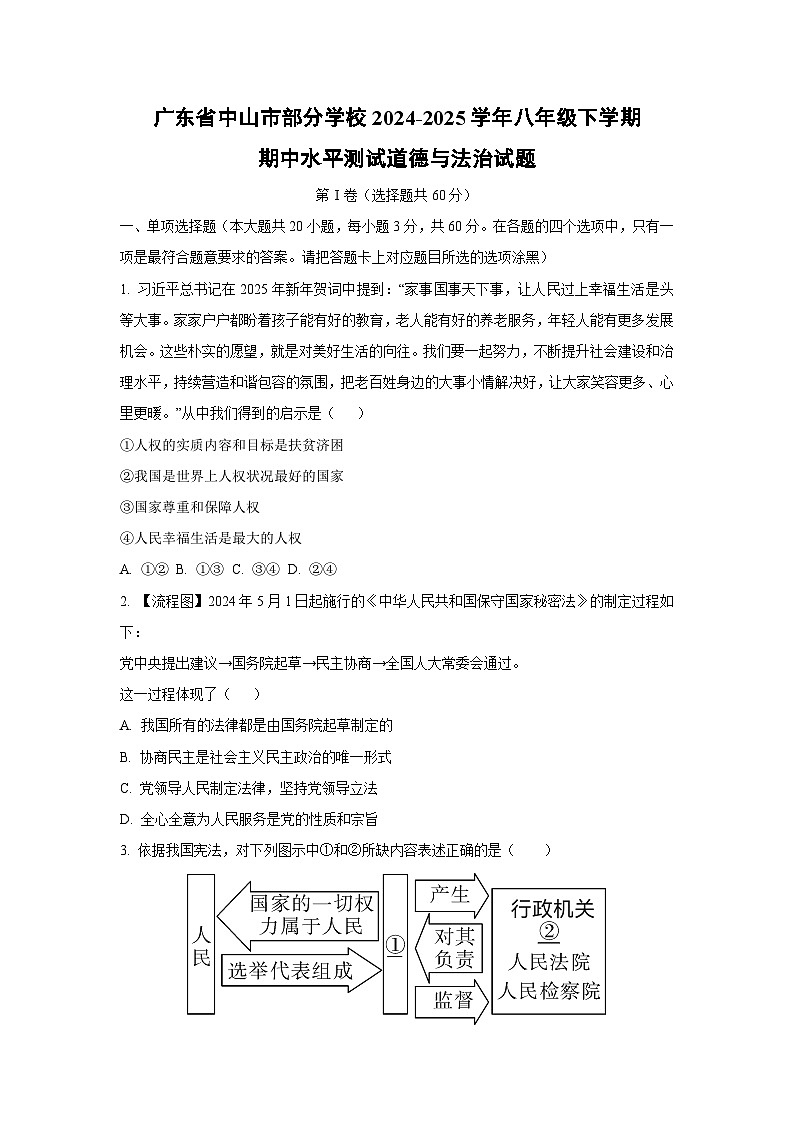 广东省中山市部分学校2024-2025学年八年级下学期期中水平测试道德与法治试卷（学生版）第1页