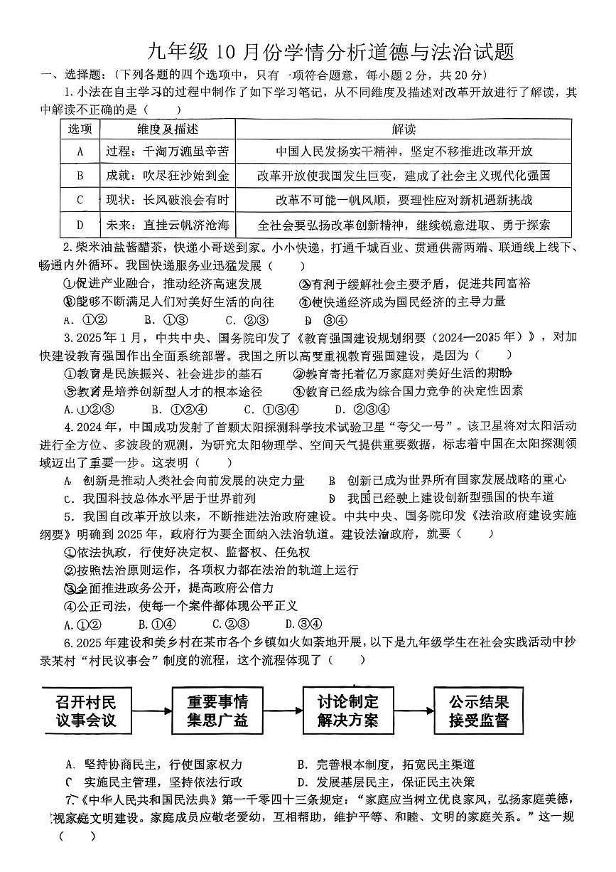 山东省菏泽市牡丹区第二十二初级中学2025-2026学年九年级上学期10月月考道德与法治试题第1页
