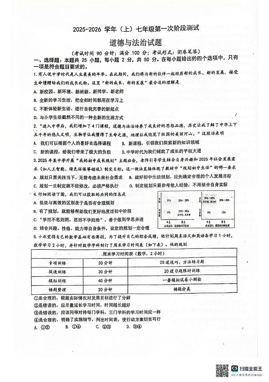 福建省漳州市第五中学2025-2026学年七年级上学期第一次月考道德与法治试题第1页