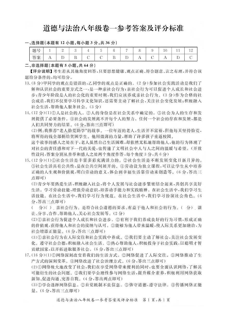 八年级道德与法治参考答案第1页