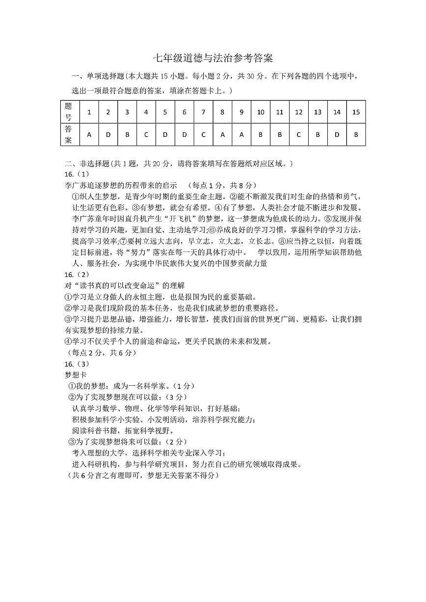 七年级月考道法试卷含答案 七年级道德与法治参考答案第1页