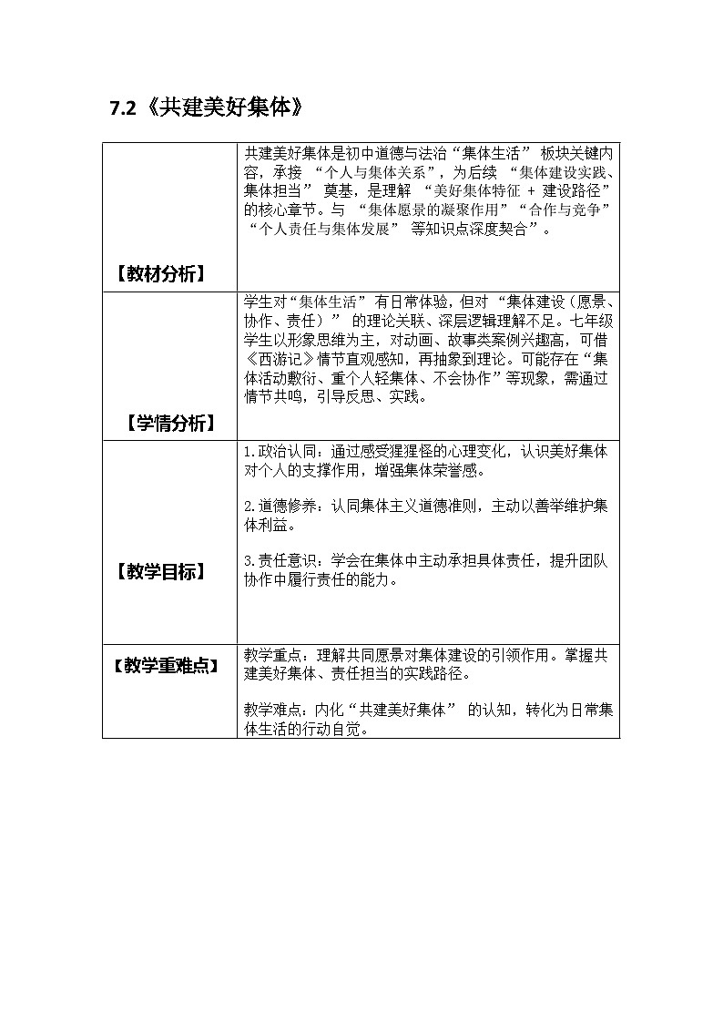 道德与法治新教材七年级上册7.2《共建美好集体》教学设计第1页