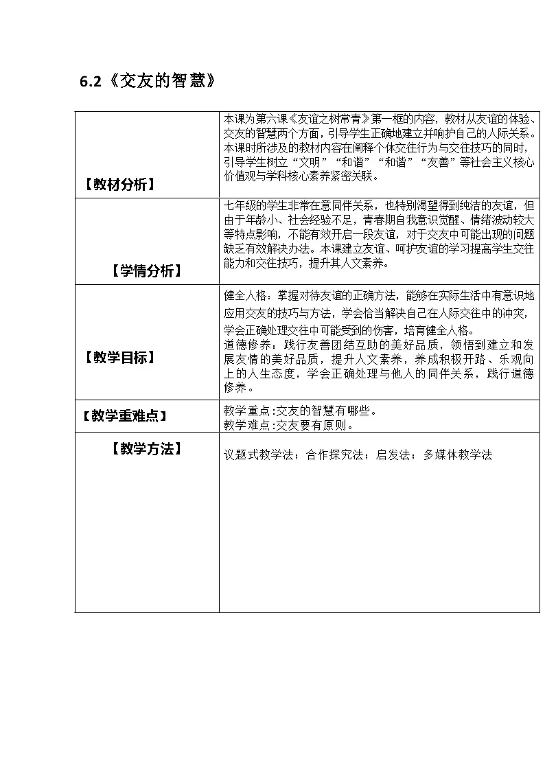 部编人教版初中道德与法治七年级上册 6.2《交友的智慧》教学设计第1页