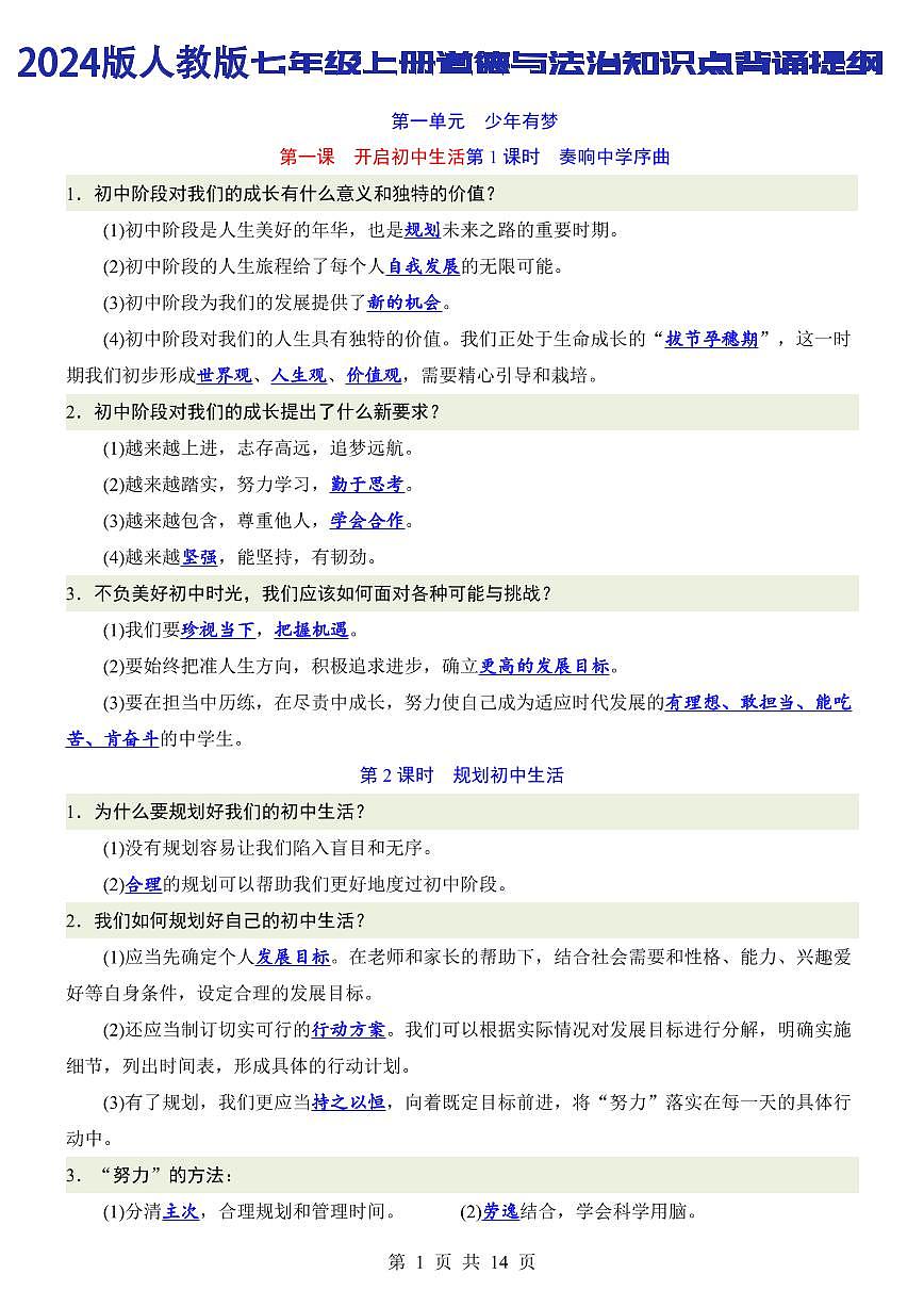 2024版人教版七年级上册道德与法治知识点背诵提纲第1页