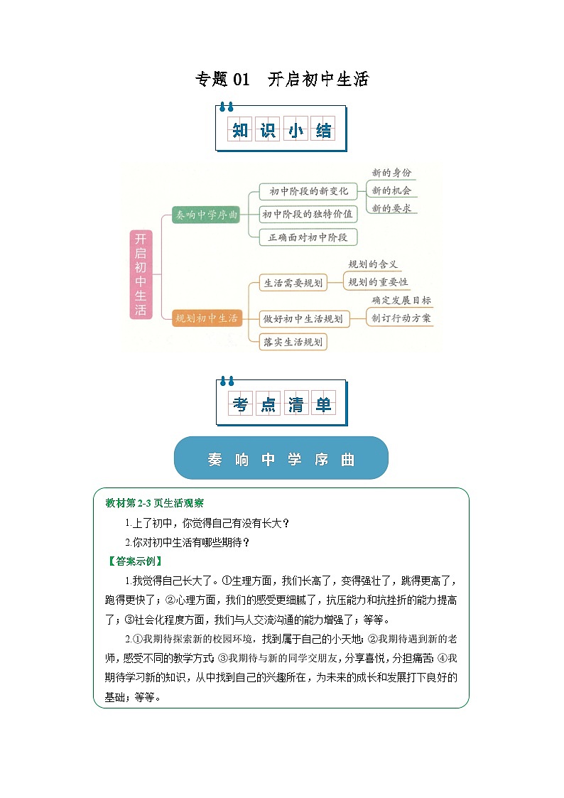 七上统编版道德与法治2024期中复习 专题01 开启初中生活（word）原卷版第1页