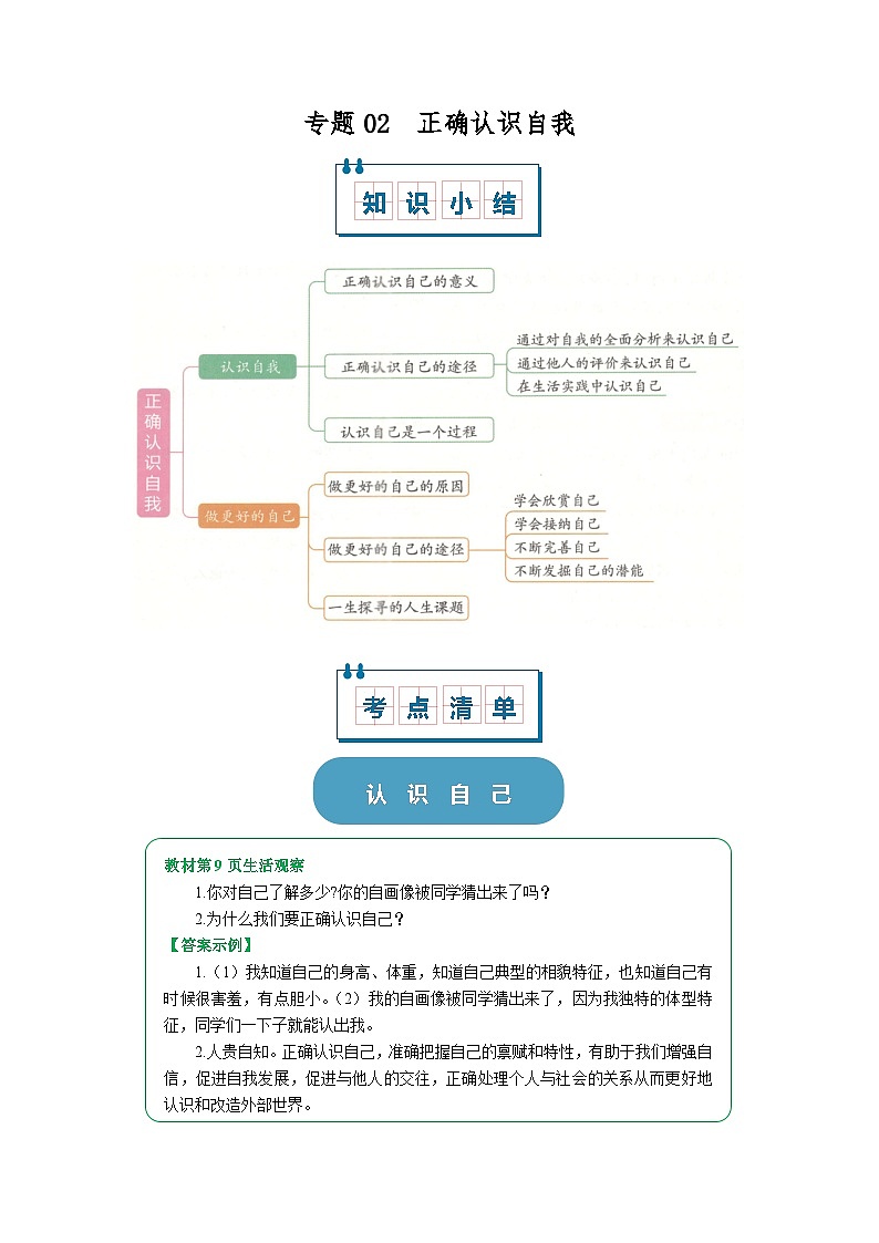 七上统编版道德与法治2024期中复习 专题02 正确认识自我（word）原卷版第1页