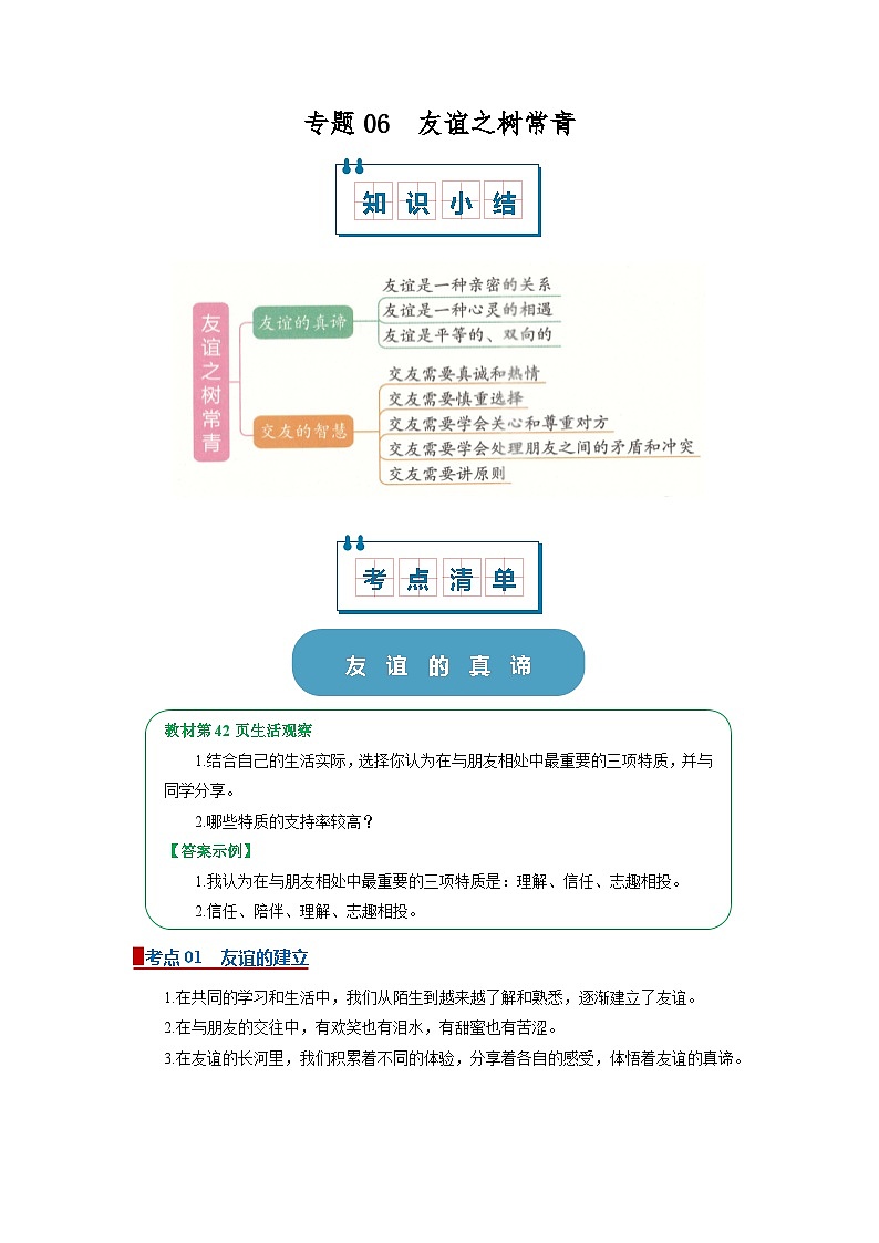 七上统编版道德与法治2024期中复习  专题06 友谊之树常青（word）原卷版第1页