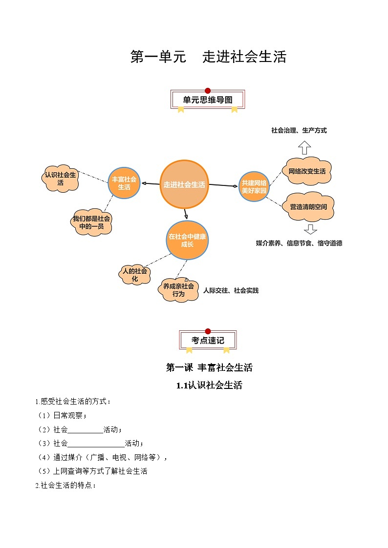 第一单元 走进社会生活（知识清单） 2025-2026学年统编版道德与法治八年级上册第1页