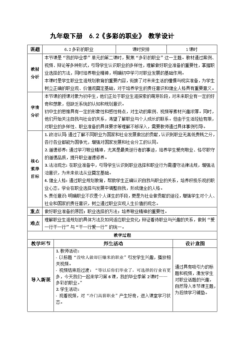 6.2多彩的职业 教学设计  统编版道德与法治 九年级下册第1页