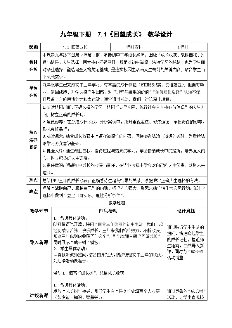 7.1回望成长 教学设计 统编版道德与法治 九年级下册第1页