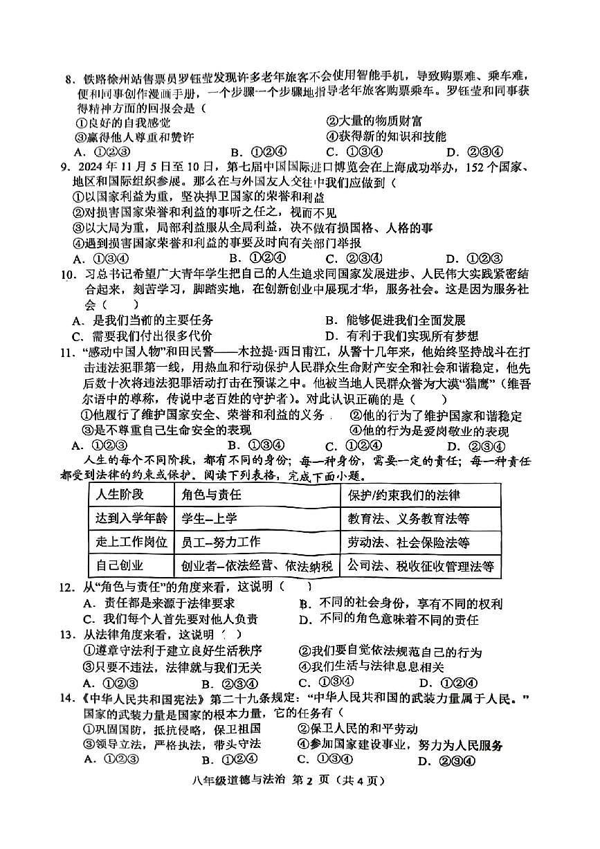 安徽省宿州市萧县2024-2025学年八年级上学期期末考试道德与法治试卷第2页