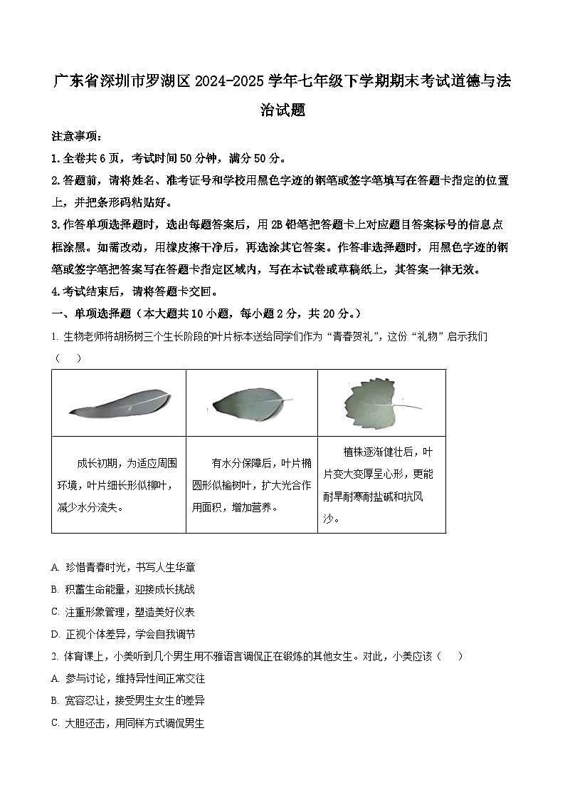 精品解析：广东省深圳市罗湖区2024-2025学年七年级下学期期末考试道德与法治试题（原卷版）第1页