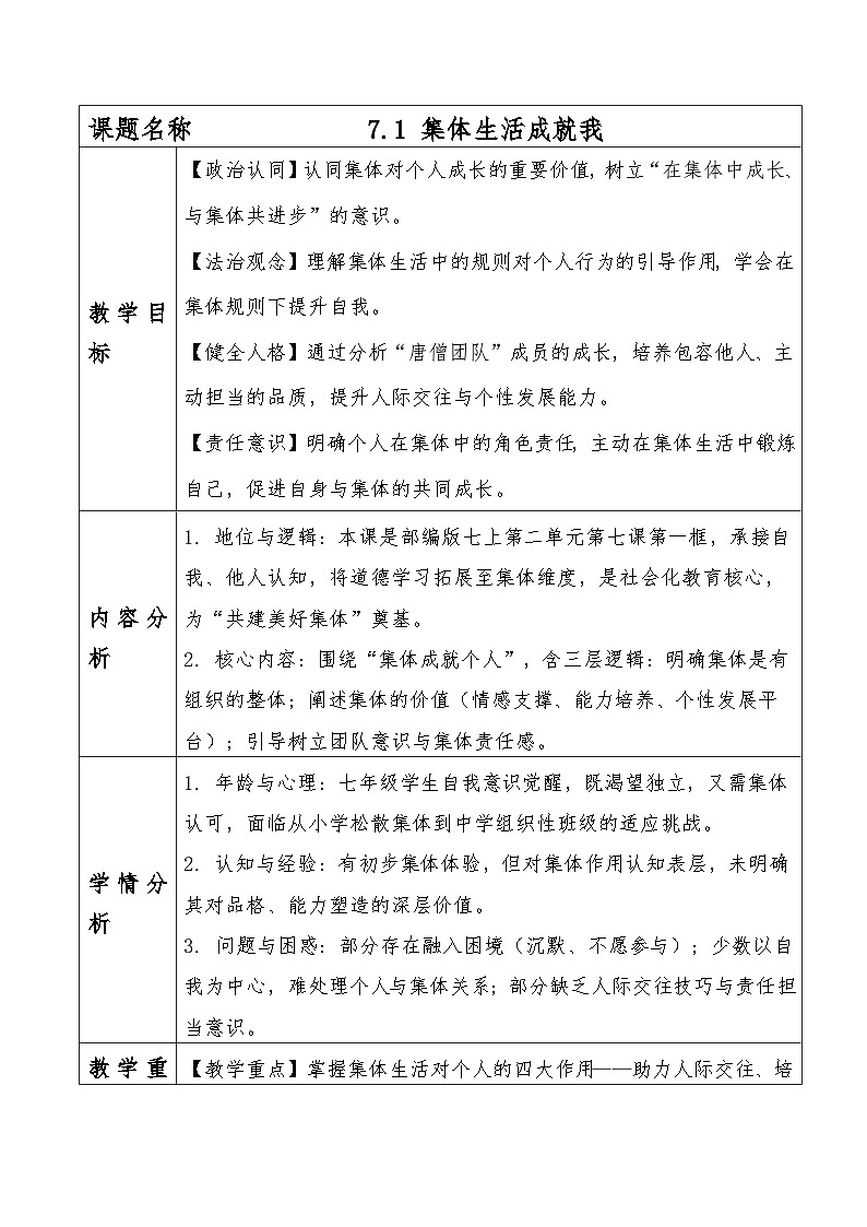 7.1 集体生活成就我 教案 2025-2026学年道德与法治 七年级上册 统编版第1页
